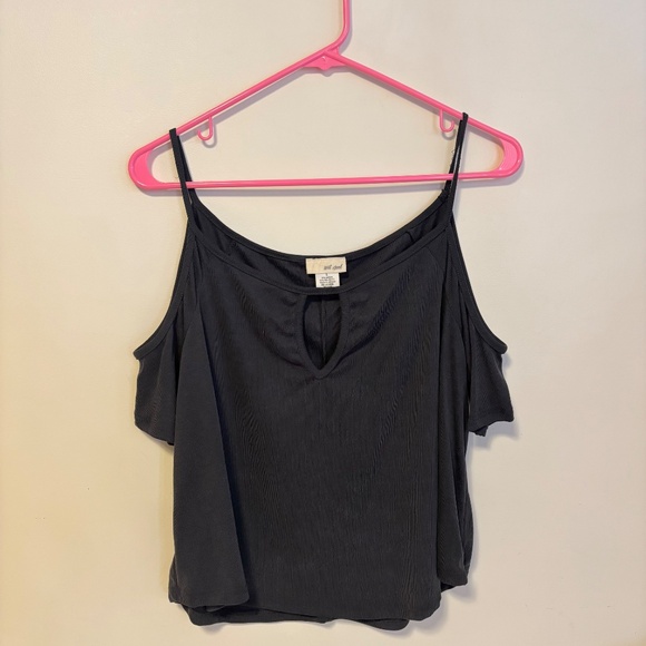 Wet Seal Y2K Keyhole Off Shoulder Short Sleeve Ribbed Crop Top Dark Grey Size L - Picture 2 of 4
